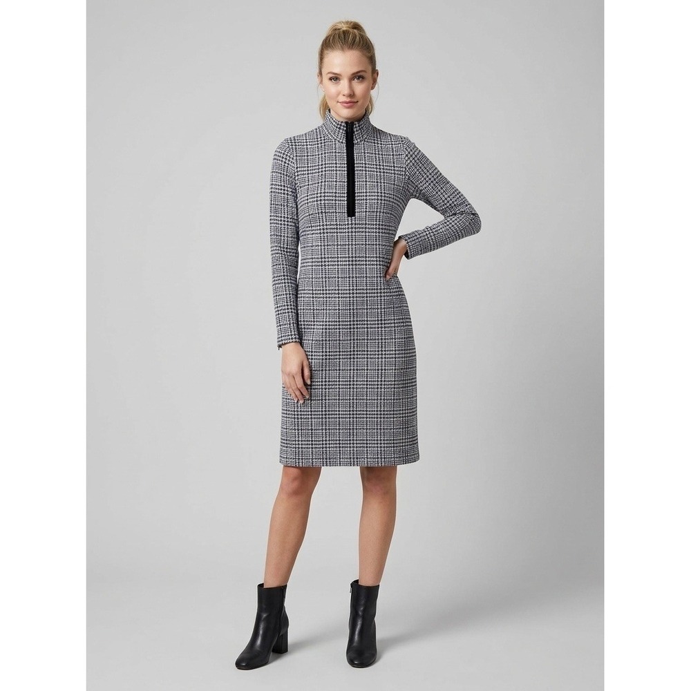 J.McLaughlin Glen Plaid Half Zip Mock Neck Sheath Dress Navy Black White Size M